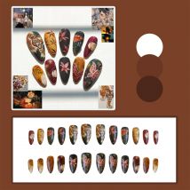24pcs Vintage Chinese Style False Nails Frosted Almond Fake Nails With Creative Tiger Butterflt Flower Pattern Press On Nail