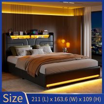 Letto materasso a molle Creahappy 160 x 200 cm, letto matrimoniale con illuminazione a LED indipendente, elegante letto imbottito con spazio di archiviazione