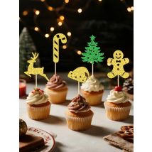 YOMDID 25Pcs Christmas Cupcake Toppers Bamboo Cupcake Toppers Glitter Christmas Tree Santa Hat Candy Cane Deer Cake Decorations