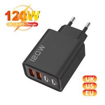 Ładowarka USB z 4 portami, łącznie 120 W, szybkie ładowanie typu C, adapter do telefonu komórkowego do iPhone'a, Samsunga, Xiaomi, Huawei, szybkie ładowanie, ładowarka ścienna