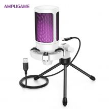 AmpliGame USB-Gaming-Mikrofon mit Schnellstummschaltung, RGB-Kondensatormikrofon mit Stativ für PC, PS5, Laptop-Streaming, Podcasting -A2W Weiß