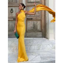 Elegante nastro Halter Dress Donna Solid Off spalla senza maniche Backless Slim Maxi abiti 2025 Estate Autunno Party Robes Lady