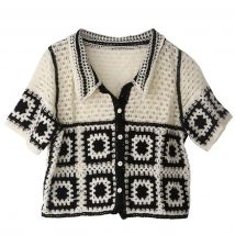 Floral Crochet Vest Top Collared Button-up Short Sleeve Sheer Crop Knit Top Cardigan for Women Teengirl Fairycore Vintage Outfit