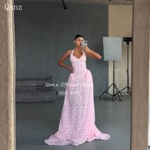 Qanz Rosa Abendkleider mit voller Spitze und Applikationen, elegantes langes Zug-Festzug-Kleid für Frauen, rückenfreie Roben de Soirée, individuell gestaltet