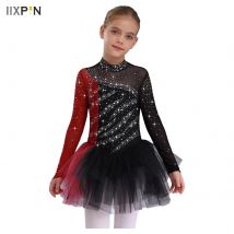 Sukienki do łyżwiarstwa figurowego dla dziewczynek, stroje sceniczne, kostiumy, długie rękawy, błyszczące cyrkonie, blok kolorów, sukienka baletowa.