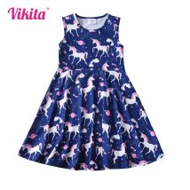 Vikita Mädchen Licorne Regenbogen Kosmos drucken Sommer ärmelloses Kleid Kinder Polyester täglich lässig Party Schul kleider Kinder kleidung