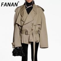 FANAN Mode Frauen Baumwolle Graben Mantel Revers Raglan Ärmel Zweireiher Einfarbig Kurze Windjacke Herbst 2025, Neue