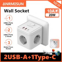 ANRMESUN Spina UE Multipresa Cube con prese 3AC +2 USB QC3.0 + 2 Tipo C PD20W Presa a muro con striscia di ricarica rapida Interruttore on/off