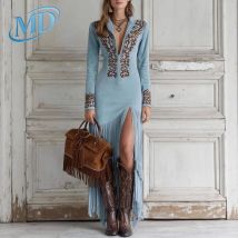 MD Elegantes Kleid mit V-Kragen für Damen, Y2K, sexy besticktes Blumenmuster, schmales Quastenkleid, Vintage-Wildleder, langärmelig, Frühlings- und Herbstkleid 2026