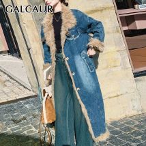 GALCAUR Frauen Stepp Mantel Patchwork Denim Design Pelz Kragen Mit Langen Ärmeln Lose Midi Länge Winter Streetwear Outwear Weibliche Neue