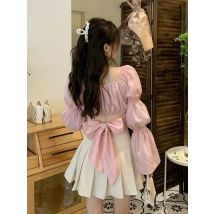 Back Puff Sleeve Shirts Women Autumn French Bow Bandage Blouses 2025 New Black Pink Square Neck Cropped Tops Female