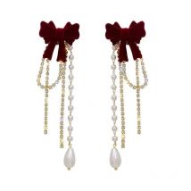 Elegant Wine Red Velvet Bowknot Earrings for Women Light Luxury Shiny Rhinestone Long Tassel Earrings Girl Party Wedding Jewelry