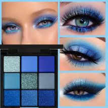 Tavolozza di ombretti a 9 colori Blu Impermeabile resistente al sudore Blu opaco Perla Glitter Finitura Performance Trucco scenico Festival musicale
