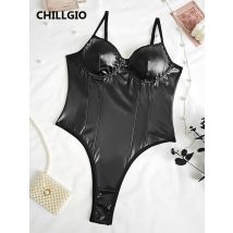 CHILLGIO Frauen PU Patchwork Schwarz Body Push-Up Spaghetti-trägern Strampler Sexy Dessous Club Engen Overall Top Hot Sexy Onesie