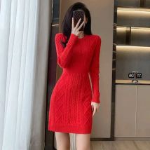 #0909 Red Knitted Pencil Dress Women Round Neck Sexy Short Sweater Dress Female Office Skinny Knitwear Mini Dress High Waisted