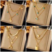 DIEYURO 316L Edelstahl Schmetterling Mond Schloss Blaue Augen Anhänger Halskette Für Frauen Neue Multilayer Halsband Kette Schmuck Geschenke