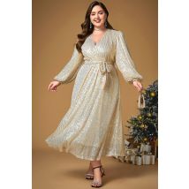 Frauen plus Größe Weihnachten Gold funkelnde Pailletten Laterne Ärmel Schnür Tunika Tee-langes Kleid V-Ausschnitt Puff ärmel elegante Kleider