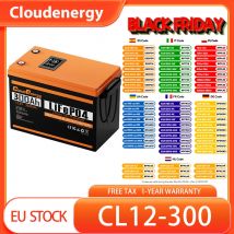 Cloudenergy Batteria di backup LiFePO4 da 12 V 300 Ah, energia 3840 Wh, oltre 6000 cicli, BMS 200 A integrato, schermo LCD, IP67, M8