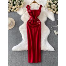 Frühling Sommer Frauen Perlen Party Kleid Elegante Quadrat Kragen 3D Blume Hohe Taille Maxi Vestidos Weibliche Rot/Rosa/weiß Robe