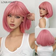 LOUIS FERRE Peluca sintética recta rosa para mujer, peluca Bob corta con flequillo Lolita, Linda Peluca de Cosplay resistente al calor