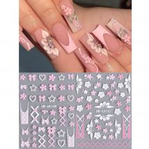 5D-Schleife mit geschnitzter Blume, Nagelkunst-Aufkleber, 2 Stück, Acryl, geprägt, weiß, rosa, Herz, Stern, Blumenmuster, französische Maniküre, Gel-Nagellack-Aufkleber