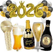 Złote balony na przyjęcie noworoczne 2026, butelka szampana, kubeczki na wino, balony foliowe, Szczęśliwego Nowego Roku, czarno-złote artykuły na przyjęcie noworoczne.