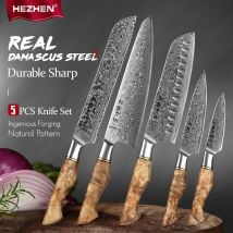 HEZHEN 1-5PC zestaw noży profesjonalny szef kuchni ze stali damasceńskiej Santoku chleb Utility Paring nóż kuchenny do mięsa ostry nóż kuchenny