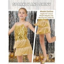 LOlanta 2Pcs Girls Sequin Latin Dance Dress Tassel Salsa Dancewear Sequin Fringe Dress Performance Outfits