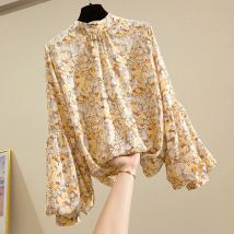 Gelber Blumen druck Vintage Chiffon Stand Kragen Laterne Ärmel Pullover Frauen Bluse Hemd weibliche Tops Frau Kleidung Mode