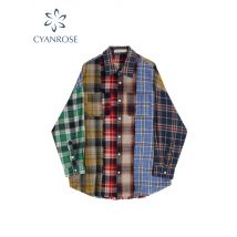 Women Patchwork Plaid Shirts and Blouses Y2k Vintage Korean Harajuku Fashion 90s Elegant Long Sleeve Polo-Neck Shirt Top Clothes