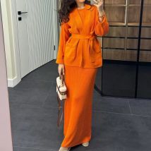 Elegante gestrickte, solide Röcke, Outfits, lässige Langarm-Cardigans und langer Rock-Sets, Damenmode, Schnürung, mehrfarbig, 2-teilige Anzüge