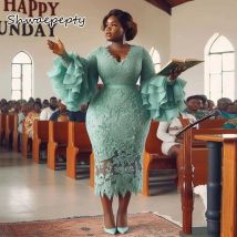 Aso Ebi Spitzen-Etui-Abschlussballkleider mit langen Ärmeln, V-Ausschnitt, Teelänge, Hochzeitskleid für Frauen, maßgeschneiderte formelle Mutterkleidung