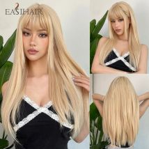 EASIHAIR-pelucas sintéticas largas y rectas para mujer, pelo rubio dorado con flequillo, pelo de Lolita Beige, fibra resistente al calor para fiesta diaria