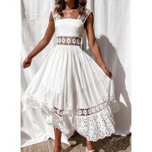 Women's Dress White Hollow Out Cotton Sundress Lace Sleeveless Long Splicing Summer Party Elegant Evening Woman Skirt Clothing