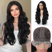 ALAN EATON Schwarze synthetische Perücken mit Spitzenfront, lange, natürliche, gewellte Mittelteil-Perücke für Frauen, täglicher Partygebrauch, hitzebeständige Faser