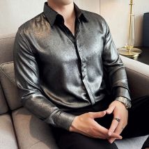 Hochwertige, helle, glänzende Oberflächenhemden für Herren, langärmelig, schmal, lässig, hübsches Herrenhemd, Club, Bar, Bühne, trendige Herrenbekleidung