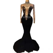 Sparkly Strass Samt Frauen Langarm Frauen Kleid Abend Prom Geburtstag Party Kleider bodenlangen Leistung Bühne Tragen