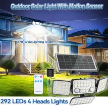 Luci a LED solari Luci di sicurezza per esterni con pannello solare più grande e cavo da 16,4 piedi Luci con sensore di movimento a 4 teste con telecomando