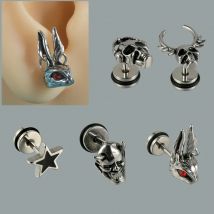 1 Paar Gothic-Kaninchen-Ohrringe, böse rote Augen, Kaninchen-Ohrstecker, Edelstahl, Totenkopf-Skelett, schwarze Öl-Tropfen-Stahl-Ohrringe