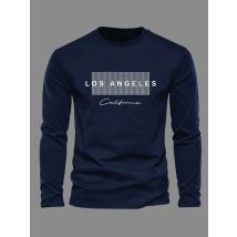 Men's 100% pure cotton loose and comfortable casual sports Los Angeles letter pattern printed round neck long sleeved T-shirt