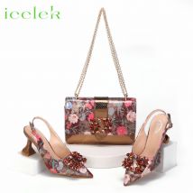 2024 italienisches Design girly Stil Kaffee Farbe spitzen Zehen Hochzeits schuhe und Tasche voller Diamant Dekoration Metall verschluss Tasche