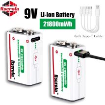 Long-Lasting 9V Lithium ion Rechargeable Battery 21800mWh High Capacity for Guitar Microphone Smoke Detector Pedal with Cable