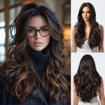 Lange lockige, gewellte, braune Perücken, Highlights, braunes Haar, synthetische Perücken für Frauen, täglicher Mittelteil, natürlich aussehende Perücke, hohe Temperatur