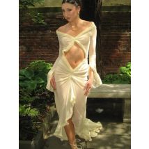 Taruxy Deep V-Ausschnitt schiere Kleid für Frauen elegante schlanke Aushöhlung Kleid Femme Urlaub Strand sexy Rüschen Schlitz Abendkleid Damen
