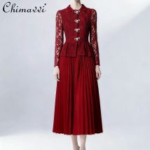 French Elegant Temperament Socialite Lace Sleeve Bow Single-Breasted Patchwork Pleated Vintage Long Evening Dress Women Autumn