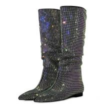 Silber flache Boden Mode Plissee Stiefel große Größe 36-47 Stein korn kniehohe Stiefel spitzen Denim Low Heels sexy Damenschuhe