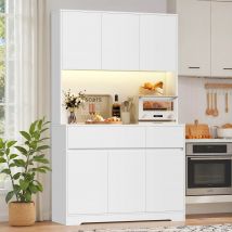 Getone Alacena Cocina con Iluminacion LED, Muebles de Cocina, Aparador Comedor, Armario Cocina Almacenaje,  Regleta, Encimera para Microondas, 6 Puertas, 2 Cajones,  Particiones ajustables