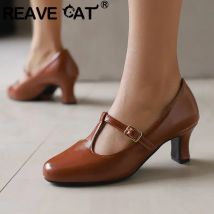 REAVE CAT Marke Frauen T-riemen Pumpen Runde Kappe High Heels 6 cm Größe 46 47 48 Täglichen Büro damen Schuhe Frühling