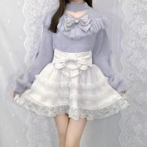 Japanische Lolita Süße Pullover Kawaii Spitze Schleife Kunstpelz Strickwaren Tops Lange Ärmel Niedliche Gestrickte Pullover Frau Chic