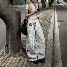 Subculture Harajuku Pockets Zipper Pants American Casual Retro Wash Grunge Wide Leg Jeans Street Style Fashion Denim Pants Y2k